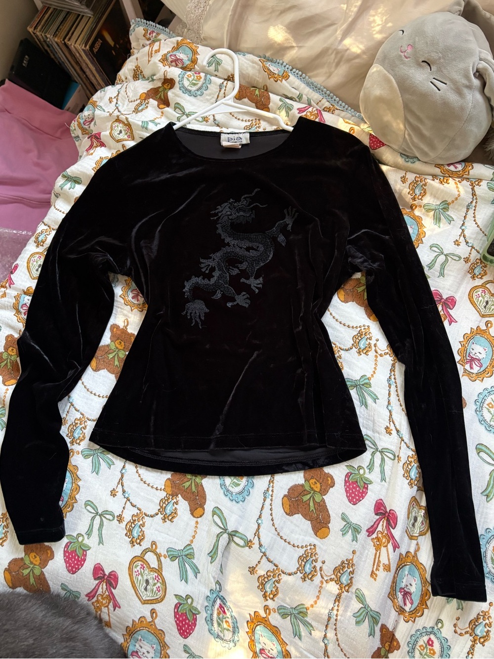 Black Velvet Long-Sleeve Tee with Embossed Dragon - Bio Brand